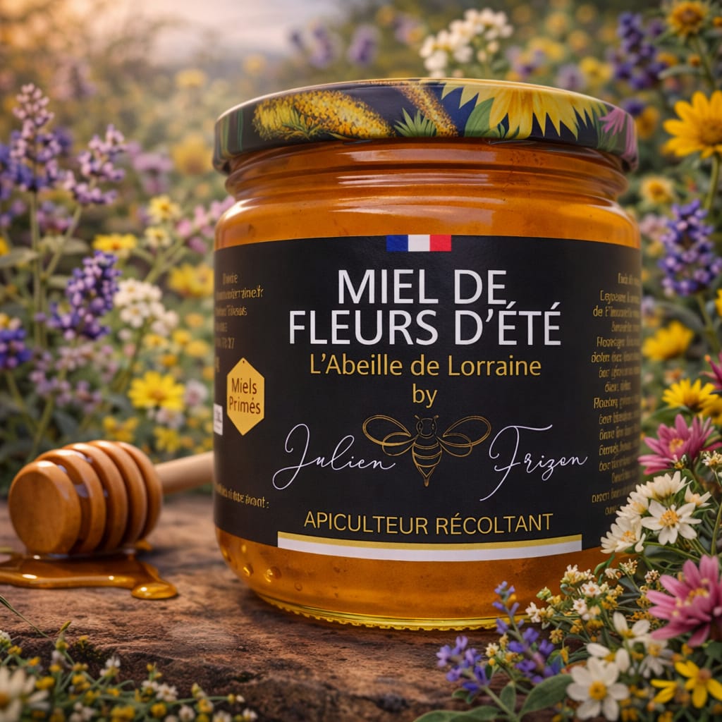 Miel de fleurs d'été - Liquide - Production Artisanale - Primé et Médaillé - Pot de 500 g - Julien Frizon Apiculteur