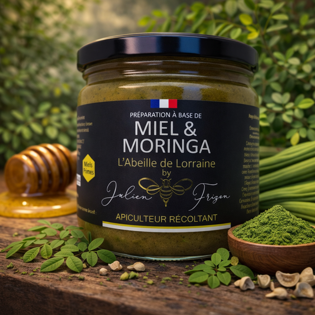 Notre Préparation à base de Miel de Fleurs Crémeux et Moringa Bio - pot de 500g - Préparé par Julien Frizon Apiculteur